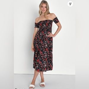 Lulus View from the Meadow Black Floral Print Off-the-Shoulder Dress Size XS